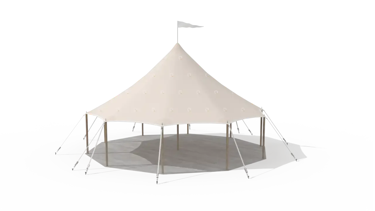 Modelillustration af Mastetelt 10 × 10 m · set fra oven
