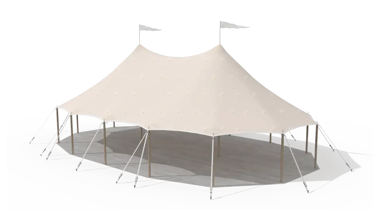 Modelillustration: Qtents 10 × 16 m · set fra oven
