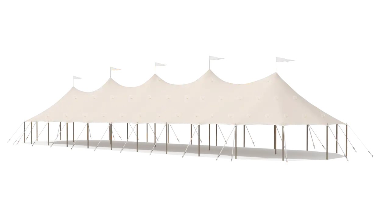 Modelillustration af Mastetelt 10 × 34 m · set fra siden