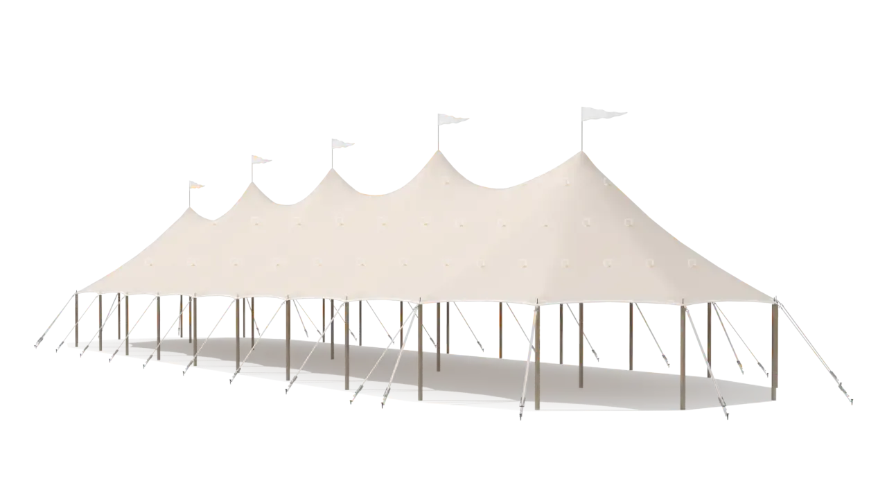 Modelillustration af Mastetelt 10 × 34 m · set fra oven