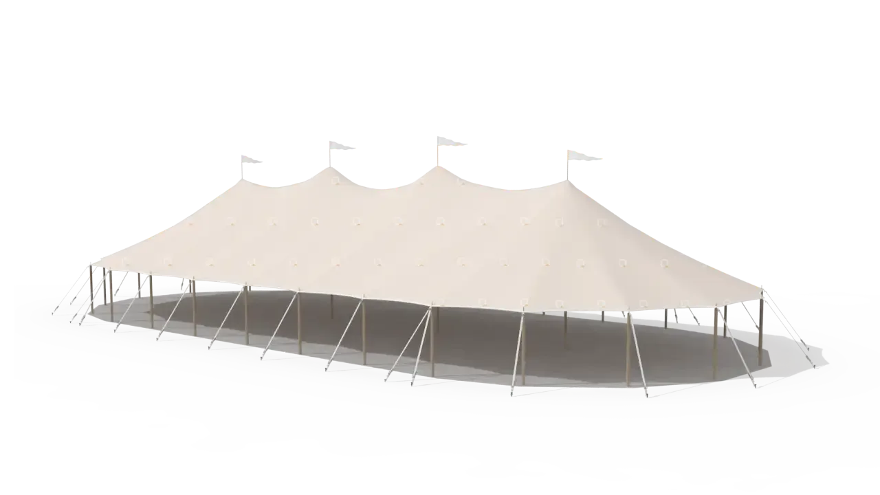 Modelillustration af Mastetelt 14 × 32 m · set fra oven