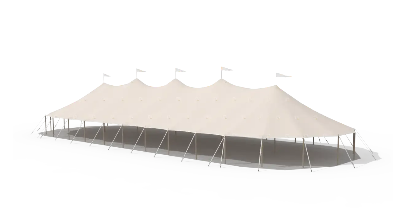 Modelillustration: Mastetelt 14 × 38 m set fra oven