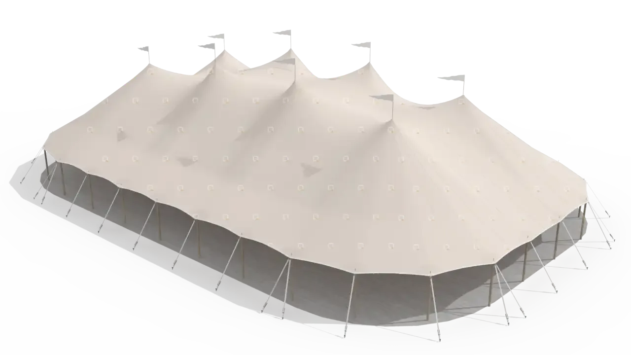 Modelillustration af Mastetelt 20 × 32 m · set fra oven