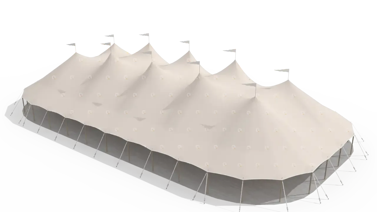 Modelillustration af Mastetelt 20 × 38 m · set fra oven