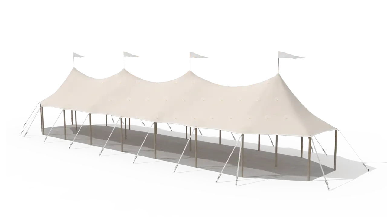 Modelillustration af Mastetelt 6 × 24 m · set fra oven