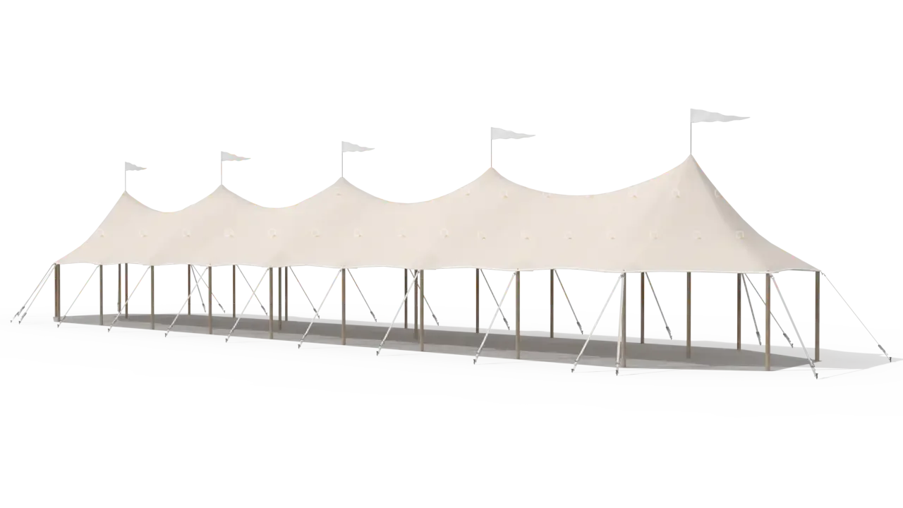 Modelillustration af Mastetelt 6 × 30 m · set fra siden