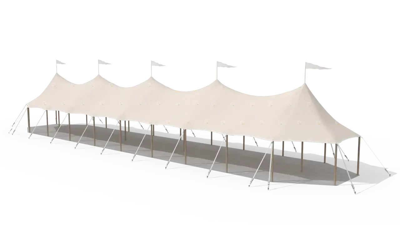 Modelillustration af Mastetelt 6 × 30 m · set fra oven