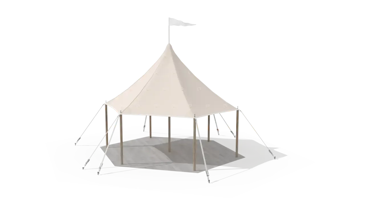 Modelillustration af Mastetelt 6 × 6 m · set fra oven