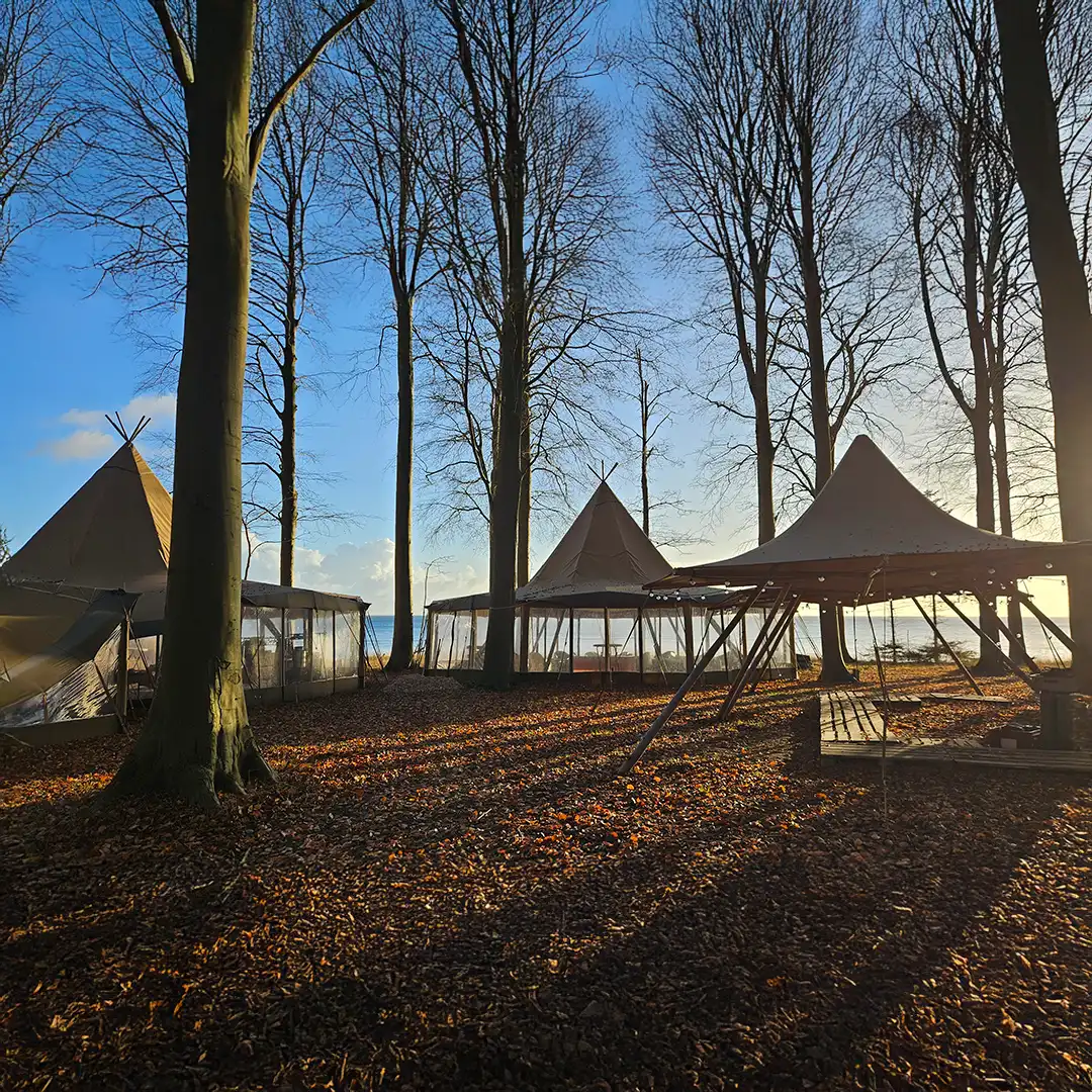 Tipier og overdækninger i skovområde ved vandet, perfekte til udendørs events, firmafester og bryllupper i naturskønne omgivelser med havudsigt