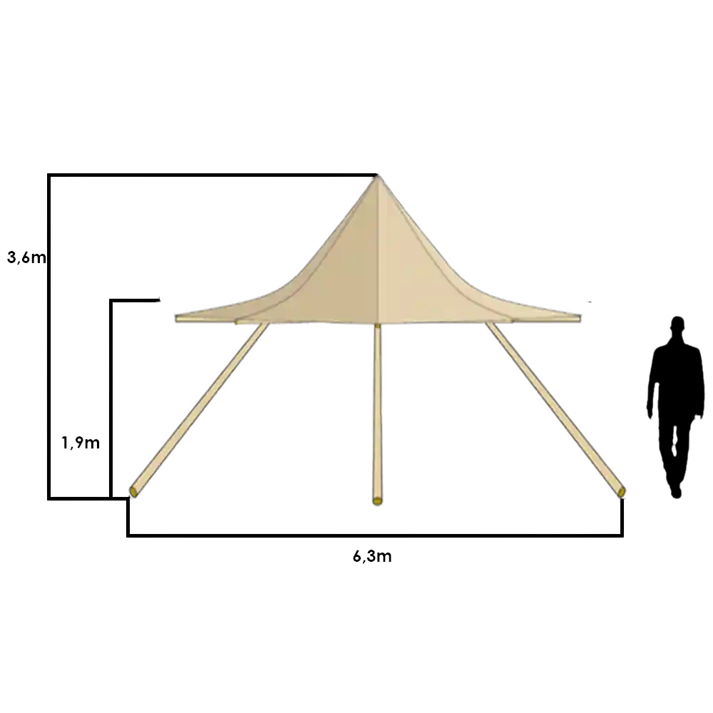 Teknisk illustration af Nimbus 16 shelter med dimensioner: 6,3 meter bred, 3,6 meter høj, og en siddehøjde på 1,9 meter. Perfekt til friluftsliv, beskyttelse mod vejret og udendørs events.