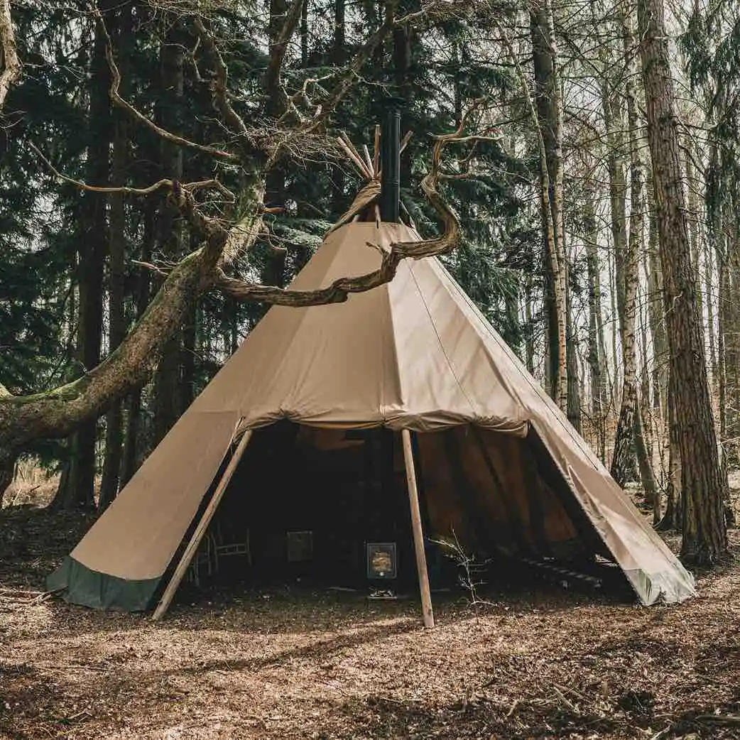 En rustik tipi placeret i en tæt skov, omgivet af høje træer og en snoet gren, der skaber en eventyrlig atmosfære. Ideel til naturoplevelser, glamping eller vildmarksevents.