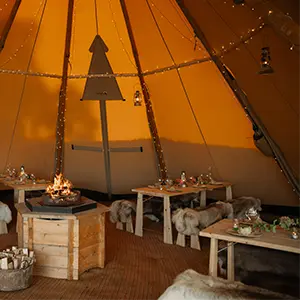 Stratus 40 tipi sat op i have mellem huse – ideel til mindre events og hyggelige havefester.