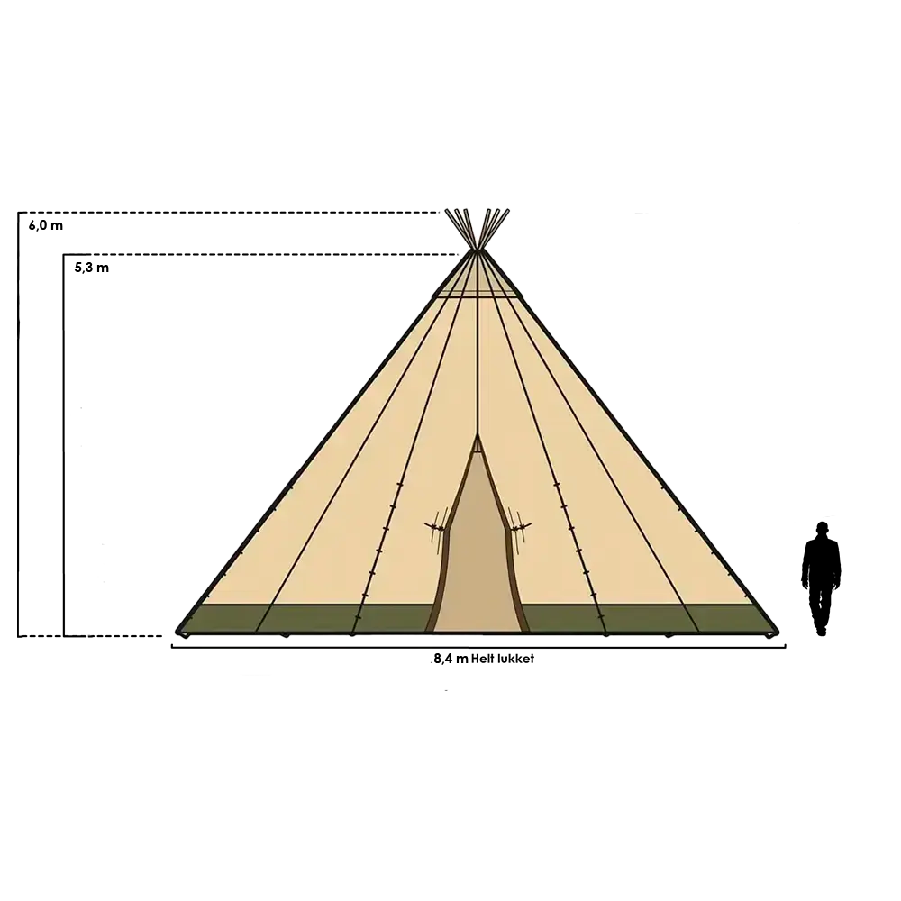 Illustration af Stratus 40 tipi med alle sider nede, der viser størrelse og højde – ideel til mindre events i læ for vind og vejr.